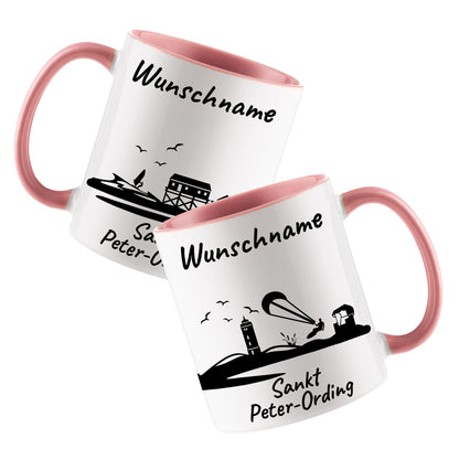 Tasse in Rosa 330ml bedruckt mit der Skyline von Sankt Peter-Ording personalisierbar mit Wunschname