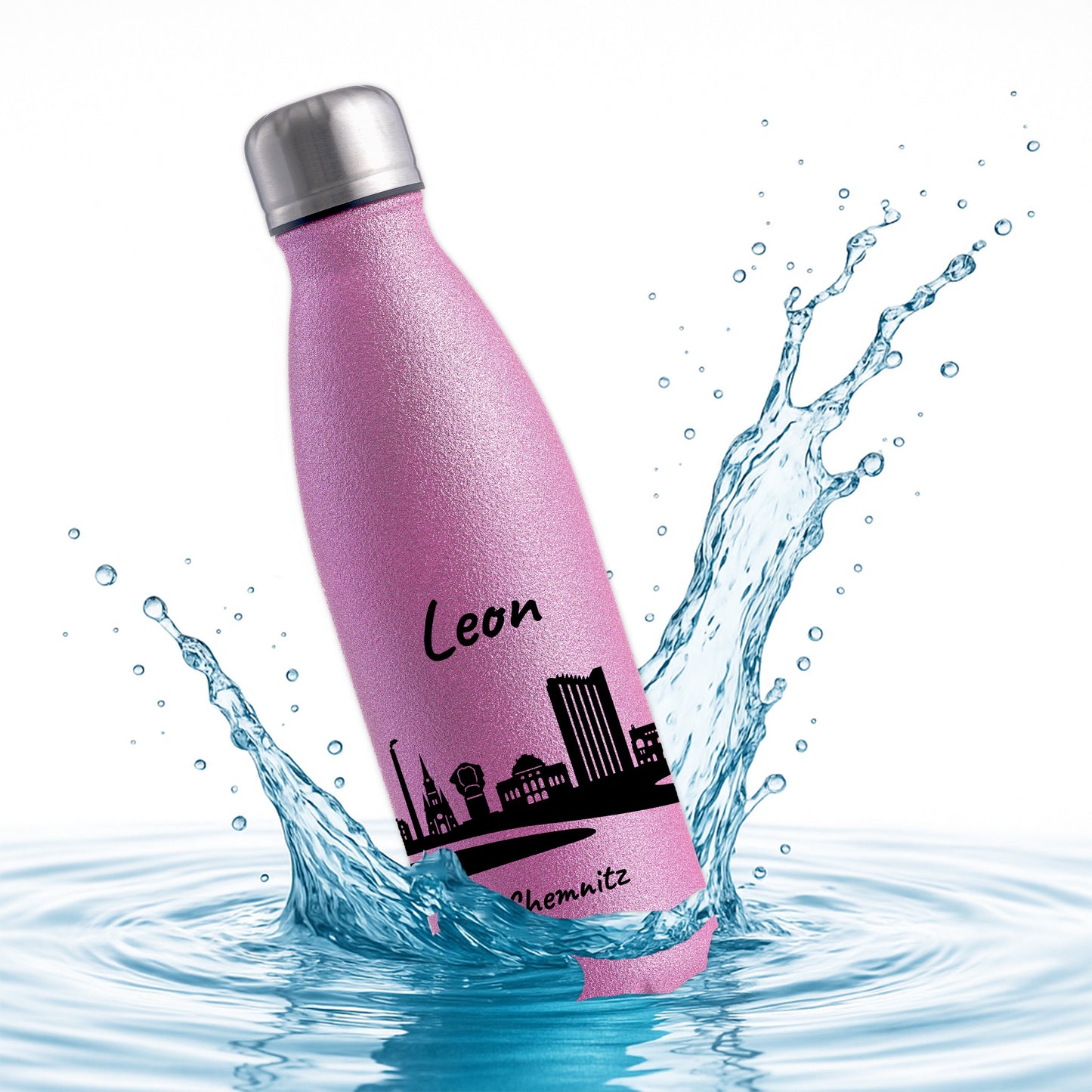 Glitzer Trinkflasche in Rosa 500ml aus Edelstahl bedruckt mit der Skyline von Chemnitz personalisierbar mit Wunschname