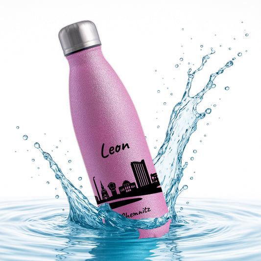 Glitzer Trinkflasche in Rosa 500ml aus Edelstahl bedruckt mit der Skyline von Chemnitz personalisierbar mit Wunschname