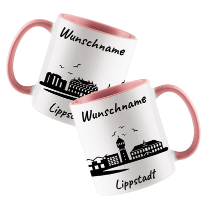 Tasse in Rosa 330ml bedruckt mit der Skyline von Lippstadt personalisierbar mit Wunschname