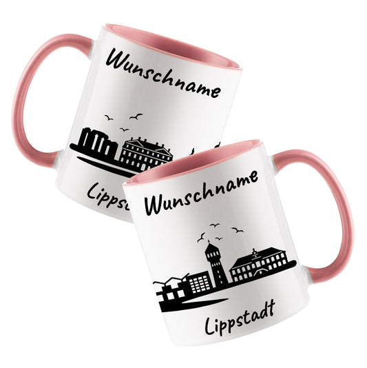 Tasse in Rosa 330ml bedruckt mit der Skyline von Lippstadt personalisierbar mit Wunschname