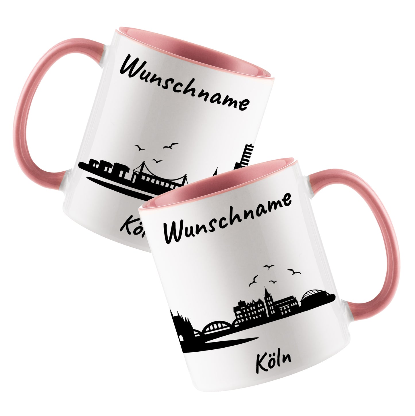 Tasse in Rosa 330ml bedruckt mit der Skyline von Köln personalisierbar mit Wunschname