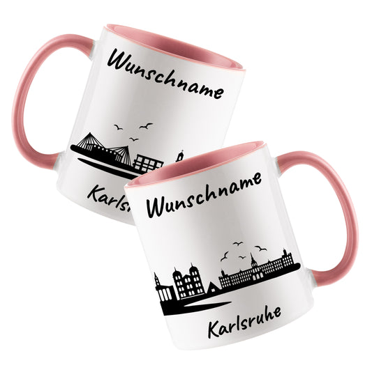 Tasse in Rosa 330ml bedruckt mit der Skyline von Karlsruhe personalisierbar mit Wunschname