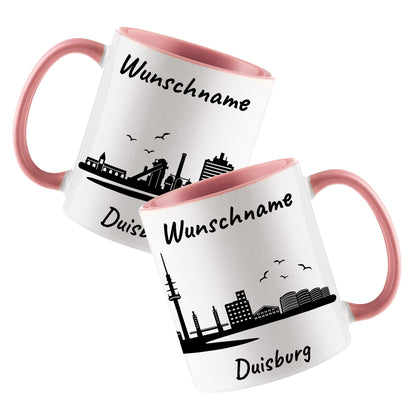 Tasse in Rosa 330ml bedruckt mit der Skyline von Duisburg personalisierbar mit Wunschname
