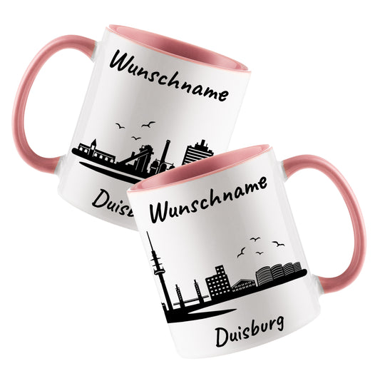 Tasse in Rosa 330ml bedruckt mit der Skyline von Duisburg personalisierbar mit Wunschname