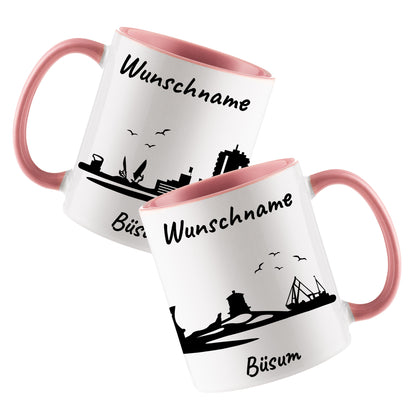 Tasse in Rosa 330ml bedruckt mit der Skyline von Büsum personalisierbar mit Wunschname
