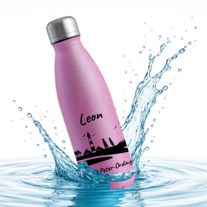 Glitzer Trinkflasche in Rosa 500ml aus Edelstahl bedruckt mit der Skyline von Sankt Peter-Ording personalisierbar mit Wunschname