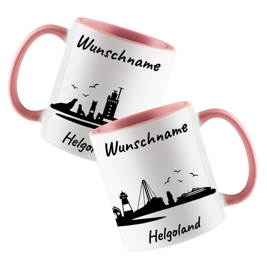 Tasse in Rosa 330ml bedruckt mit der Skyline von Helgoland personalisierbar mit Wunschname