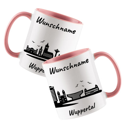 Tasse in Rosa 330ml bedruckt mit der Skyline von Wuppertal personalisierbar mit Wunschname