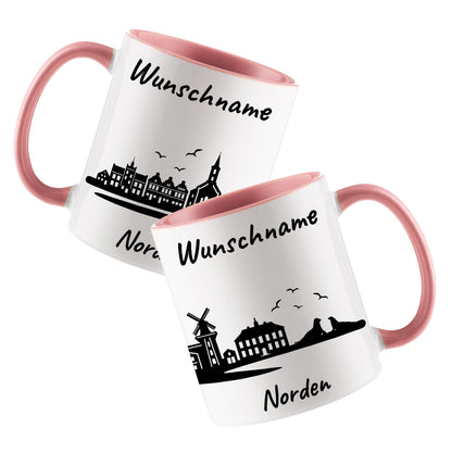 Tasse in Rosa 330ml bedruckt mit der Skyline von Norden personalisierbar mit Wunschname