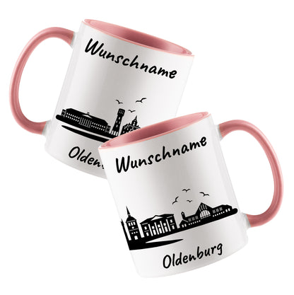 Tasse in Rosa 330ml bedruckt mit der Skyline von Oldenburg personalisierbar mit Wunschname