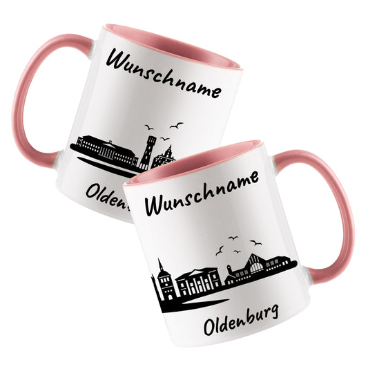 Tasse in Rosa 330ml bedruckt mit der Skyline von Oldenburg personalisierbar mit Wunschname