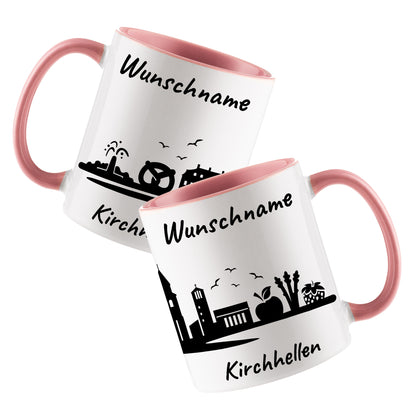 Tasse in Rosa 330ml bedruckt mit der Skyline von Kirchhellen personalisierbar mit Wunschname