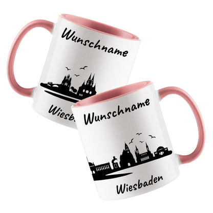 Tasse in Rosa 330ml bedruckt mit der Skyline von Wiesbaden personalisierbar mit Wunschname