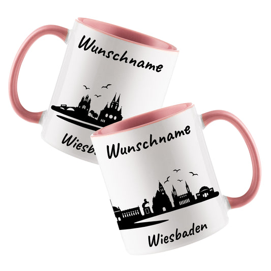 Tasse in Rosa 330ml bedruckt mit der Skyline von Wiesbaden personalisierbar mit Wunschname