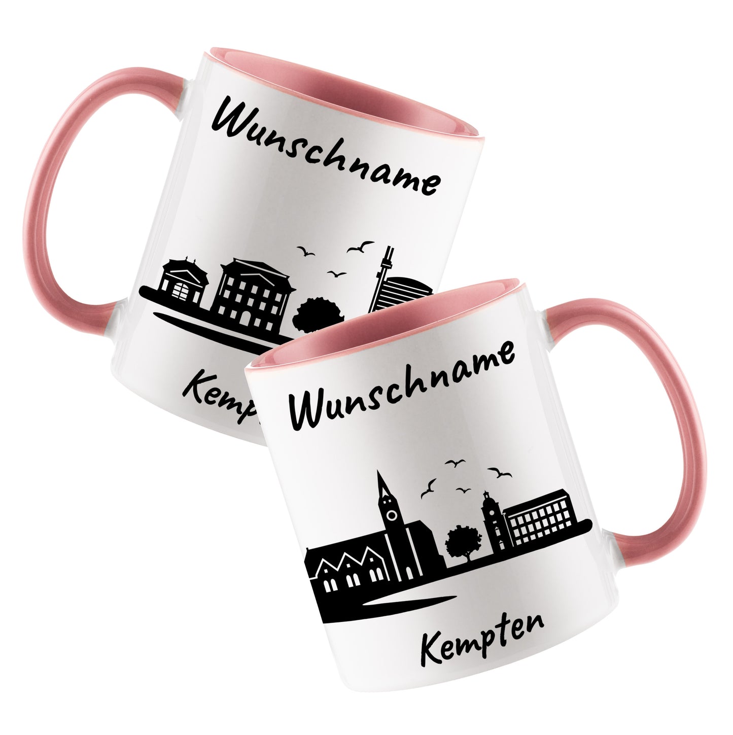 Tasse in Rosa 330ml bedruckt mit der Skyline von Kempten personalisierbar mit Wunschname