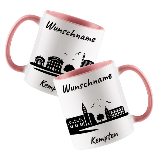 Tasse in Rosa 330ml bedruckt mit der Skyline von Kempten personalisierbar mit Wunschname