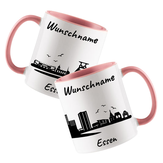 Tasse in Rosa 330ml bedruckt mit der Skyline von Essen personalisierbar mit Wunschname