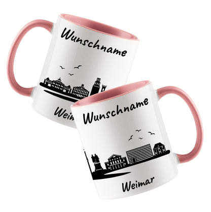 Tasse in Rosa 330ml bedruckt mit der Skyline von Weimar personalisierbar mit Wunschname