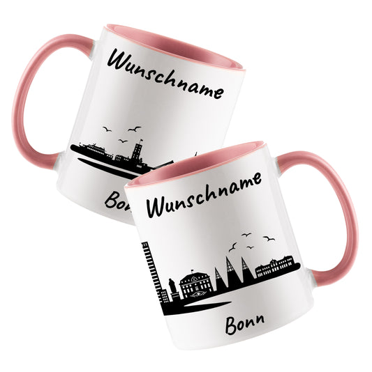 Tasse in Rosa 330ml bedruckt mit der Skyline von Bonn personalisierbar mit Wunschname