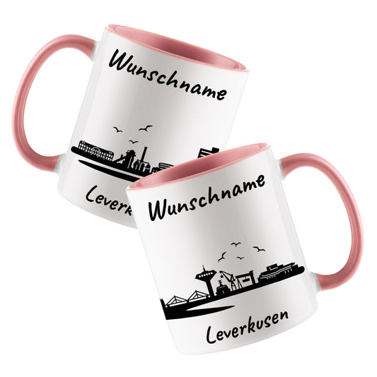 Tasse in Rosa 330ml bedruckt mit der Skyline von Leverkusen personalisierbar mit Wunschname
