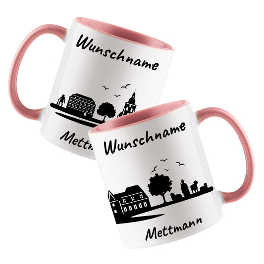 Tasse in Rosa 330ml bedruckt mit der Skyline von Mettmann personalisierbar mit Wunschname