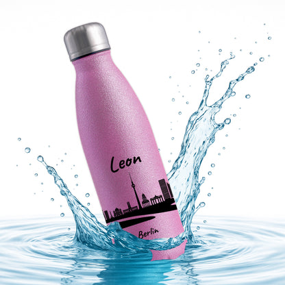 Glitzer Trinkflasche in Rosa 500ml aus Edelstahl bedruckt mit der Skyline von Berlin personalisierbar mit Wunschname