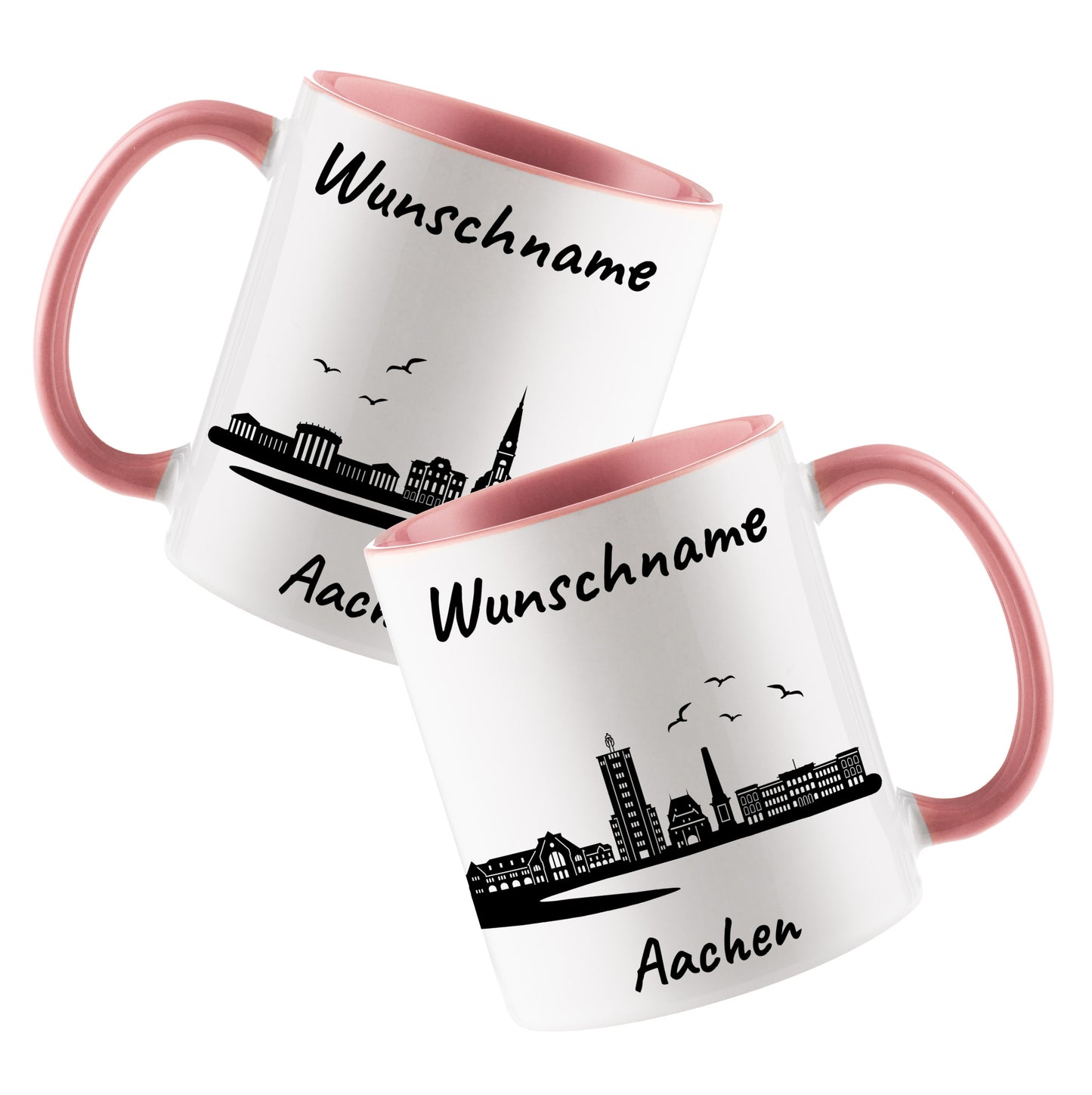 Tasse in Rosa 330ml bedruckt mit der Skyline von Aachen personalisierbar mit Wunschname