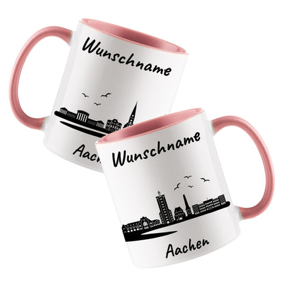 Tasse in Rosa 330ml bedruckt mit der Skyline von Aachen personalisierbar mit Wunschname