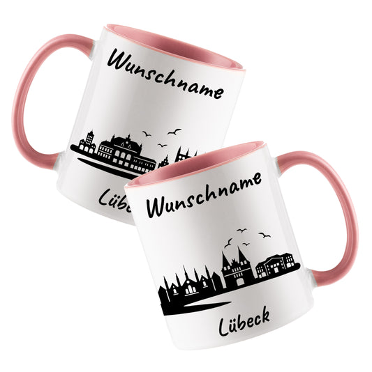 Tasse in Rosa 330ml bedruckt mit der Skyline von Lübeck personalisierbar mit Wunschname