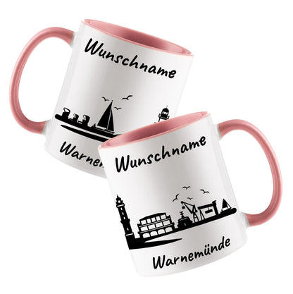 Tasse in Rosa 330ml bedruckt mit der Skyline von Warnemünde personalisierbar mit Wunschname
