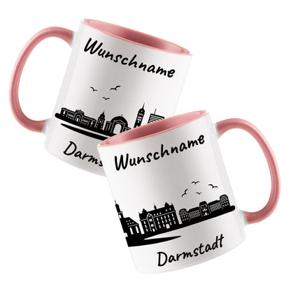 Tasse in Rosa 330ml bedruckt mit der Skyline von Darmstadt personalisierbar mit Wunschname
