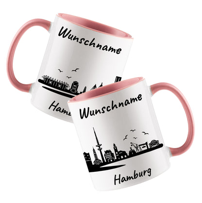 Tasse in Rosa 330ml bedruckt mit der Skyline von Hamburg personalisierbar mit Wunschname