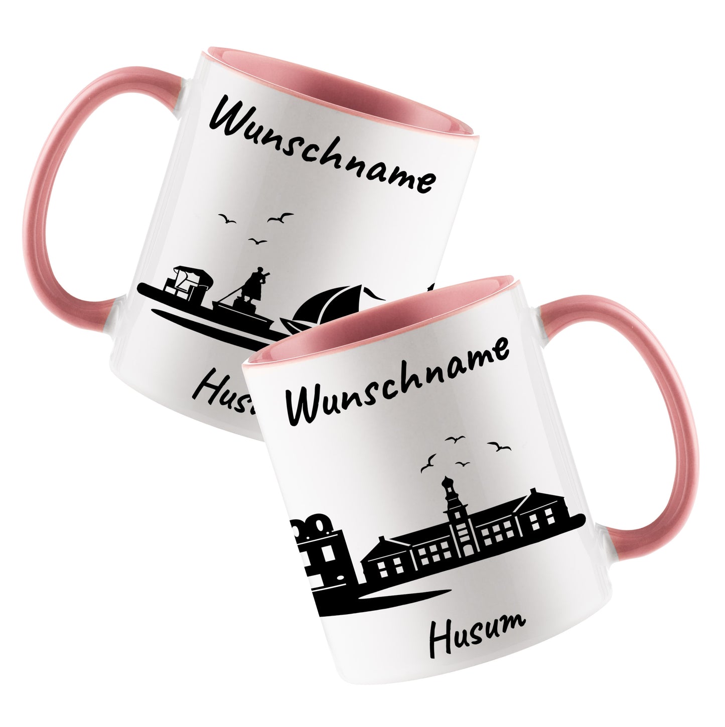 Tasse in Rosa 330ml bedruckt mit der Skyline von Husum personalisierbar mit Wunschname