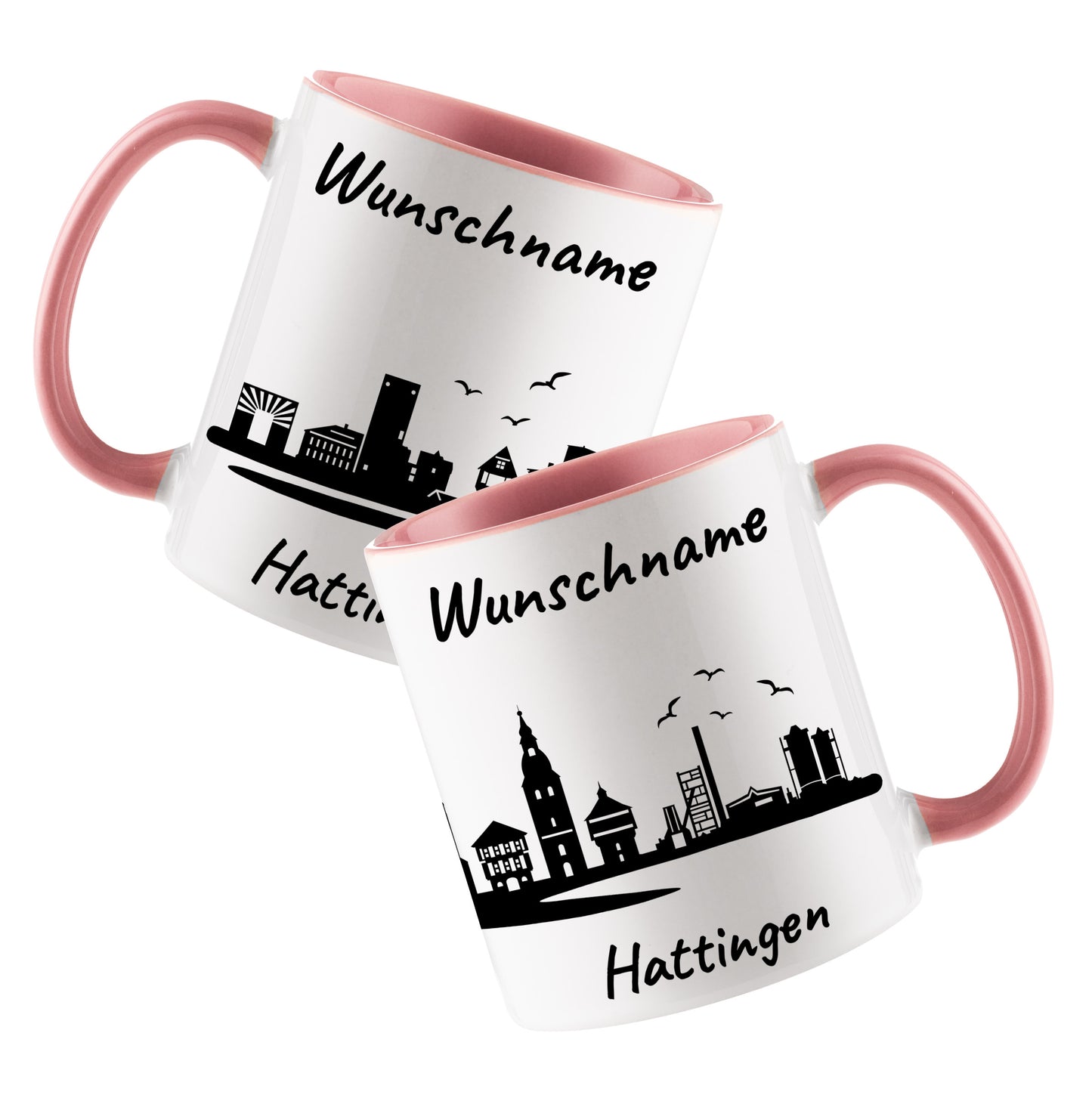 Tasse in Rosa 330ml bedruckt mit der Skyline von Hattingen personalisierbar mit Wunschname