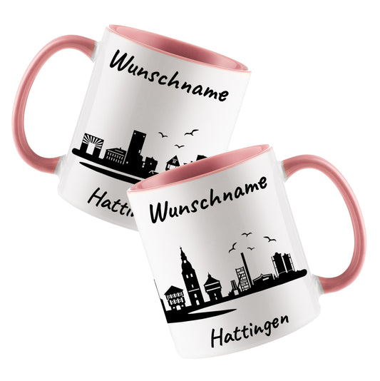 Tasse in Rosa 330ml bedruckt mit der Skyline von Hattingen personalisierbar mit Wunschname