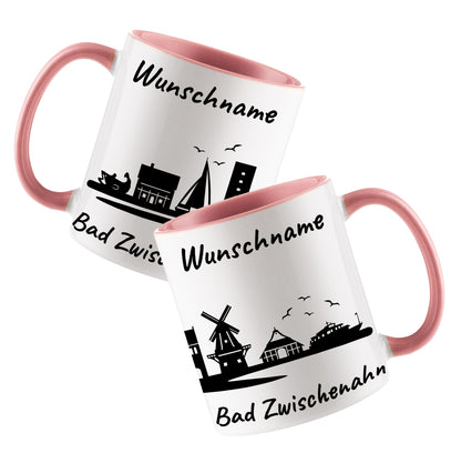 Tasse in Rosa 330ml bedruckt mit der Skyline von Bad Zwischenahn personalisierbar mit Wunschname