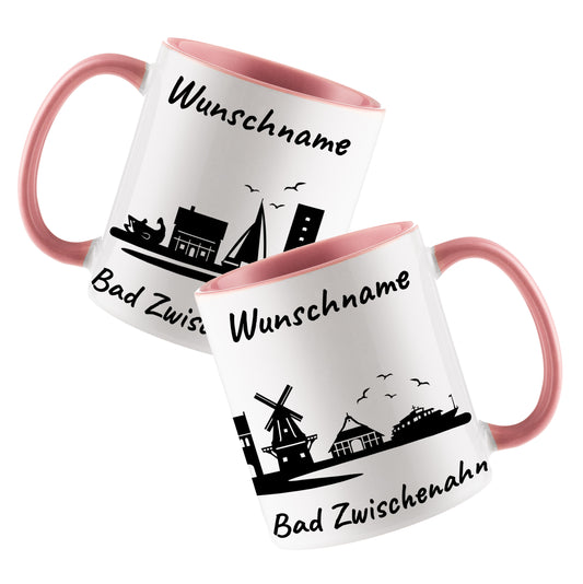 Tasse in Rosa 330ml bedruckt mit der Skyline von Bad Zwischenahn personalisierbar mit Wunschname