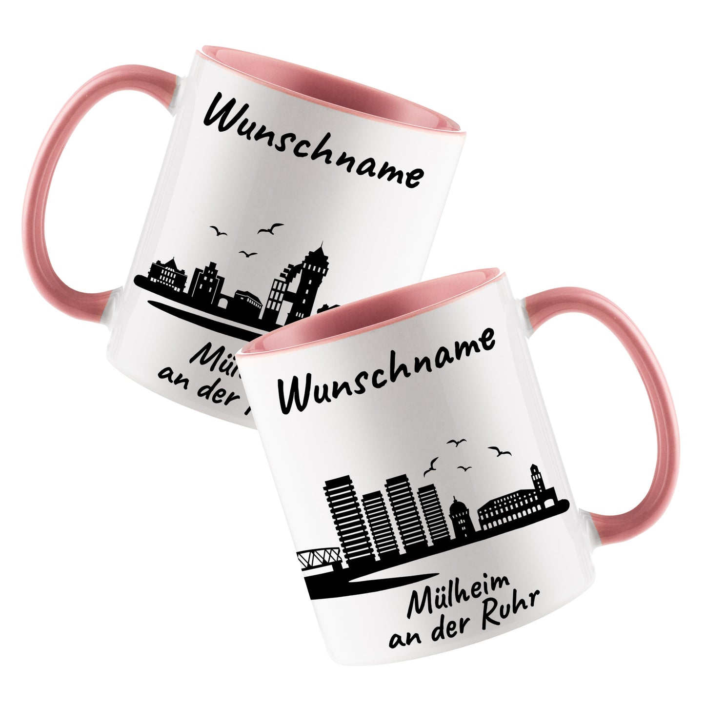Tasse in Rosa 330ml bedruckt mit der Skyline von Mülheim an der Ruhr personalisierbar mit Wunschname