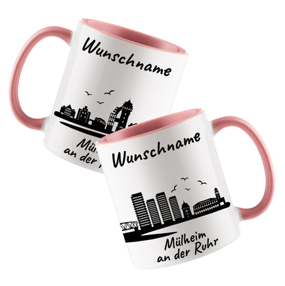Tasse in Rosa 330ml bedruckt mit der Skyline von Mülheim an der Ruhr personalisierbar mit Wunschname