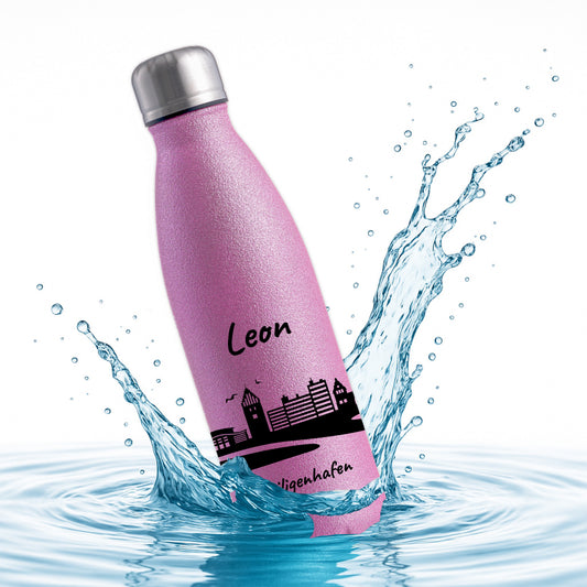 Glitzer Trinkflasche in Rosa 500ml aus Edelstahl bedruckt mit der Skyline von Heiligenhafen personalisierbar mit Wunschname