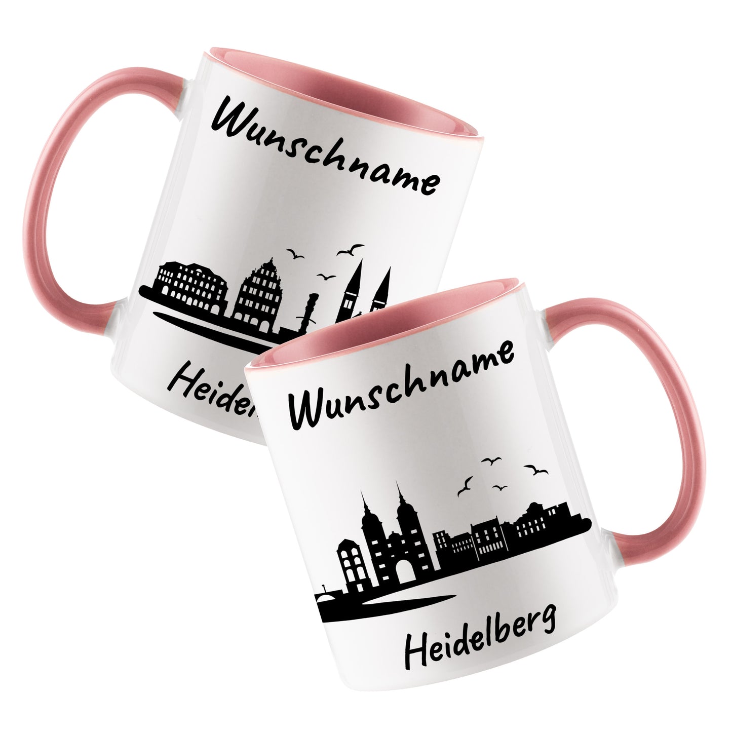 Tasse in Rosa 330ml bedruckt mit der Skyline von Heidelberg personalisierbar mit Wunschname