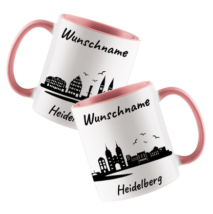 Tasse in Rosa 330ml bedruckt mit der Skyline von Heidelberg personalisierbar mit Wunschname