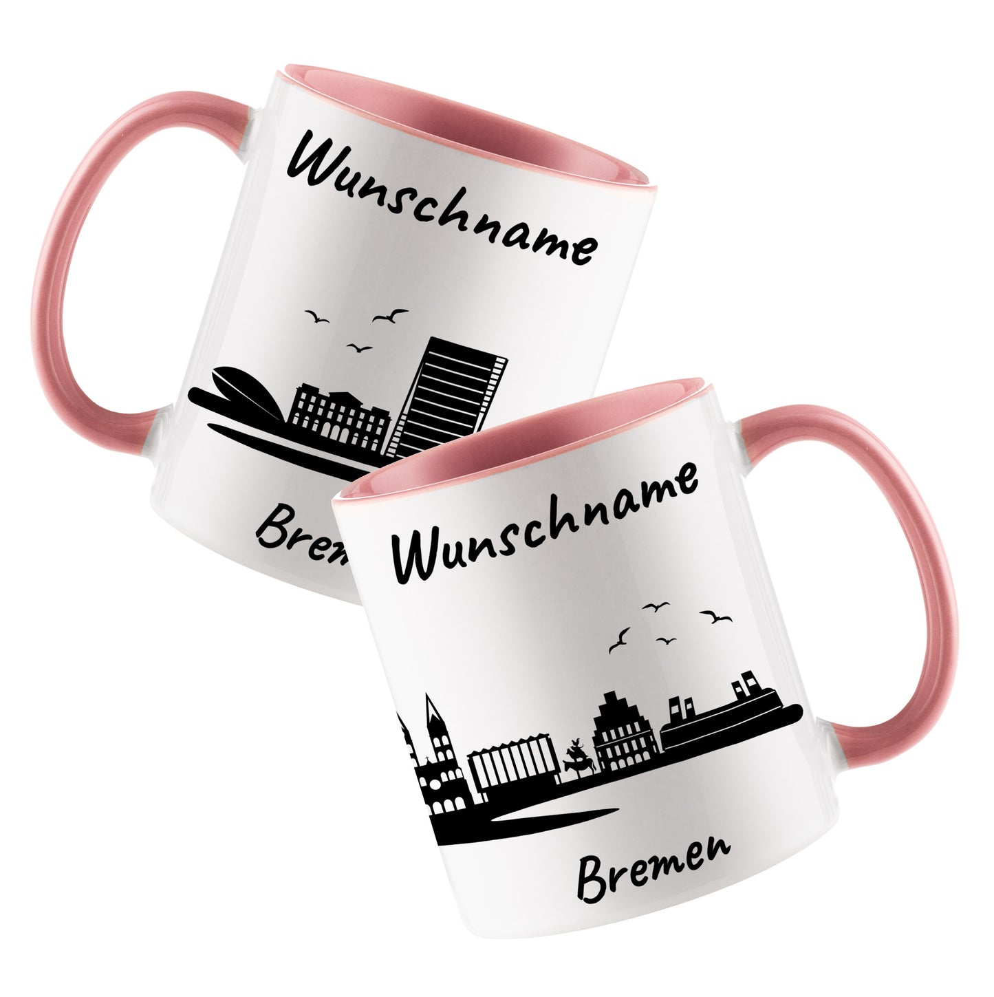 Tasse in Rosa 330ml bedruckt mit der Skyline von Bremen personalisierbar mit Wunschname