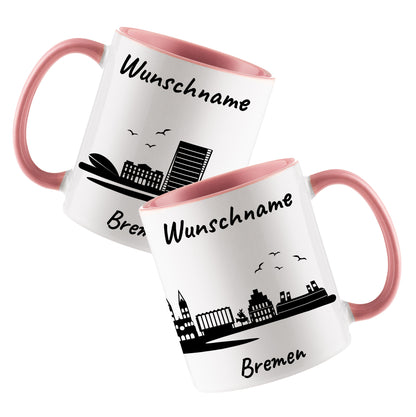 Tasse in Rosa 330ml bedruckt mit der Skyline von Bremen personalisierbar mit Wunschname