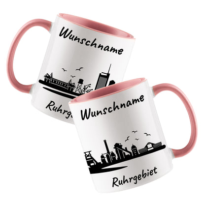 Tasse in Rosa 330ml bedruckt mit der Skyline von Ruhrgebiet personalisierbar mit Wunschname