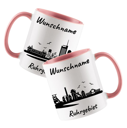 Tasse in Rosa 330ml bedruckt mit der Skyline von Ruhrgebiet personalisierbar mit Wunschname