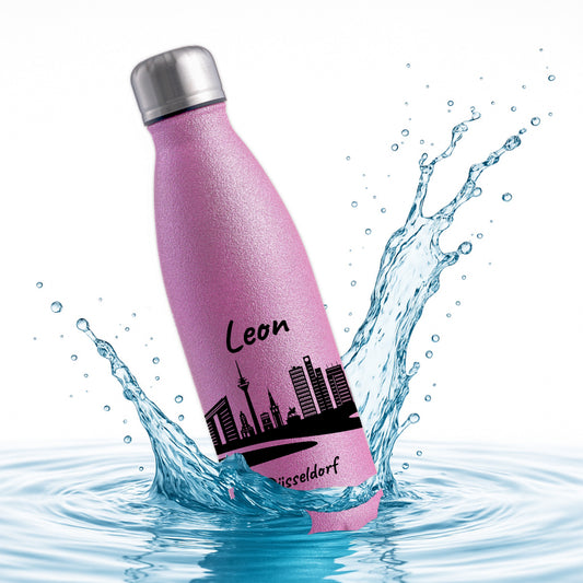Glitzer Trinkflasche in Rosa 500ml aus Edelstahl bedruckt mit der Skyline von Düsseldorf personalisierbar mit Wunschname
