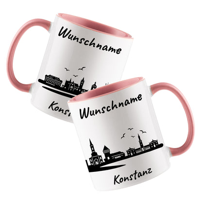 Tasse in Rosa 330ml bedruckt mit der Skyline von Konstanz personalisierbar mit Wunschname