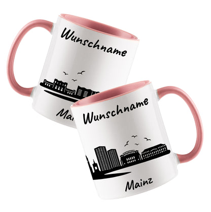 Tasse in Rosa 330ml bedruckt mit der Skyline von Mainz personalisierbar mit Wunschname